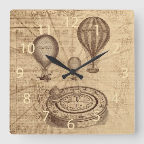 vintage steampunk hot air balloons on old map square wall clock