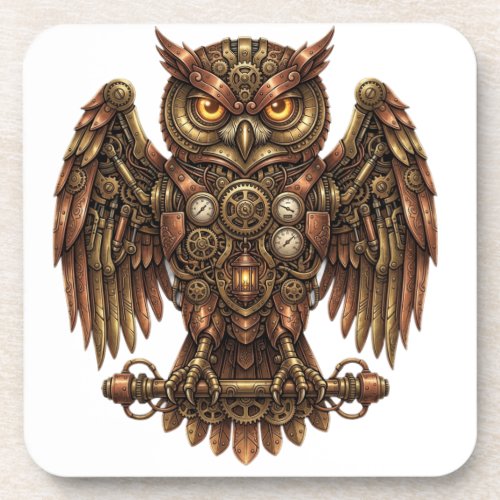 Vintage Steampunk Mechanical Owl Glossy Hard Plast Beverage Coaster