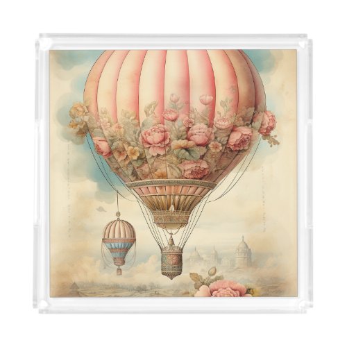 Vintage Steampunk Pink Floral Hot Air Balloon Acrylic Tray