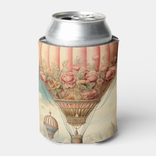 Vintage Steampunk Pink Floral Hot Air Balloon Can Cooler