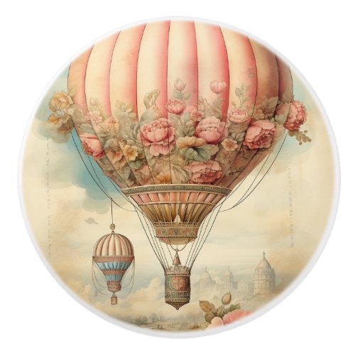 Vintage Steampunk Pink Floral Hot Air Balloon Ceramic Knob