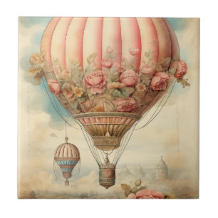 Vintage Steampunk Pink Floral Hot Air Balloon Ceramic Tile