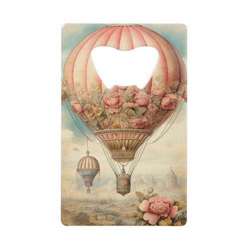 Vintage Steampunk Pink Floral Hot Air Balloon Credit Card Bottle Opener