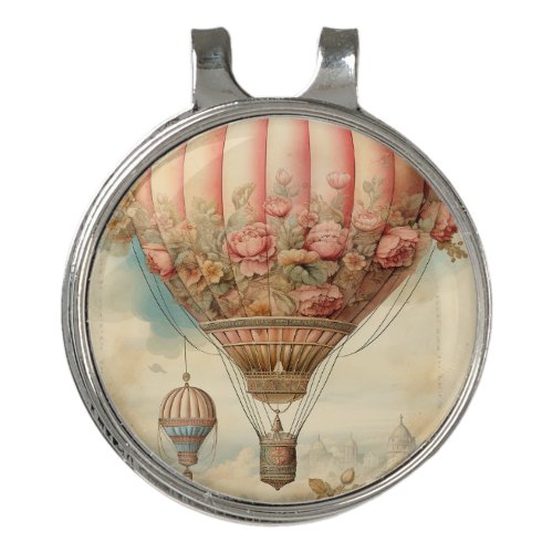 Vintage Steampunk Pink Floral Hot Air Balloon Golf Hat Clip