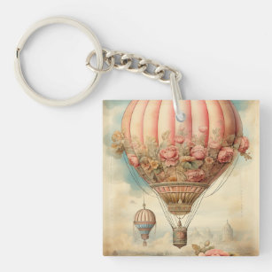 Vintage Steampunk Pink Floral Hot Air Balloon Keychain