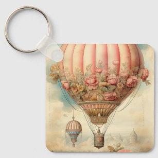 Vintage Steampunk Pink Floral Hot Air Balloon Keychain