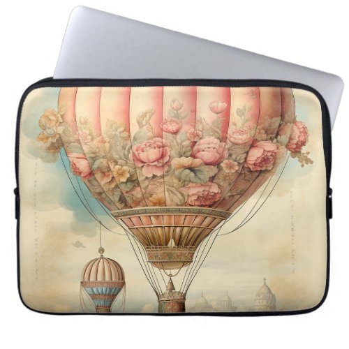 Vintage Steampunk Pink Floral Hot Air Balloon Laptop Sleeve