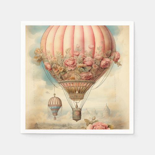 Vintage Steampunk Pink Floral Hot Air Balloon Napkins