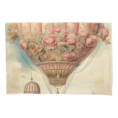 Vintage Steampunk Pink Floral Hot Air Balloon Pillow Case