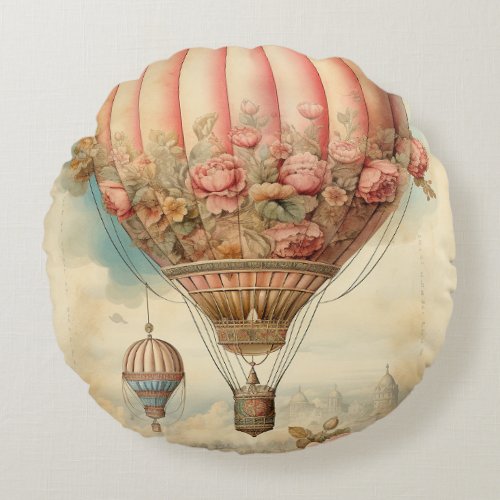 Vintage Steampunk Pink Floral Hot Air Balloon Round Pillow