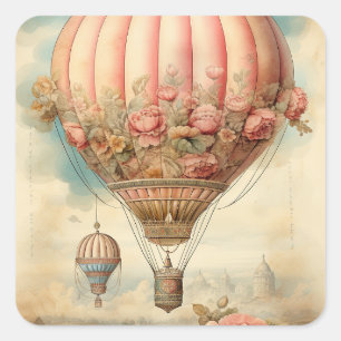 Vintage Steampunk Pink Floral Hot Air Balloon Square Sticker