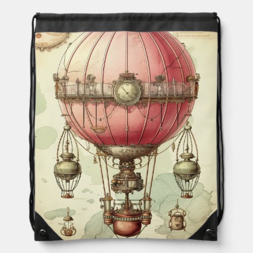 Vintage Steampunk Pink Hot Air Balloon 2 Drawstring Bag