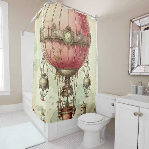 Vintage Steampunk Pink Hot Air Balloon 2 Shower Curtain