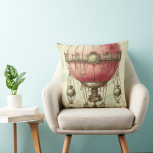 Vintage Steampunk Pink Hot Air Balloon (2) Throw Pillow