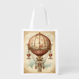 Vintage Steampunk Pink Hot Air Balloon Grocery Bag