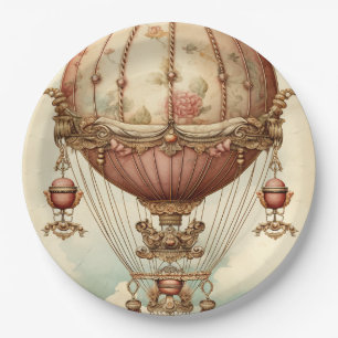 Vintage Steampunk Pink Hot Air Balloon Paper Plates