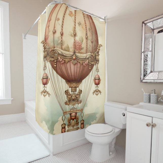 Vintage Steampunk Pink Hot Air Balloon Shower Curtain (In Situ)