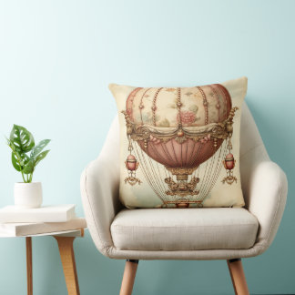 Vintage Steampunk Pink Hot Air Balloon Throw Pillow