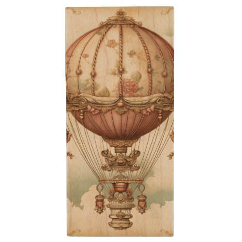 Vintage Steampunk Pink Hot Air Balloon Wood Flash Drive