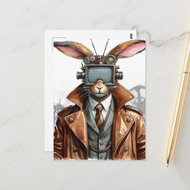 Vintage Steampunk Rabbit Man With a TV on His Head Postcard (Front/Back In Situ)