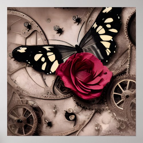 Vintage Steampunk Red Rose Yellow Butterfly Poster