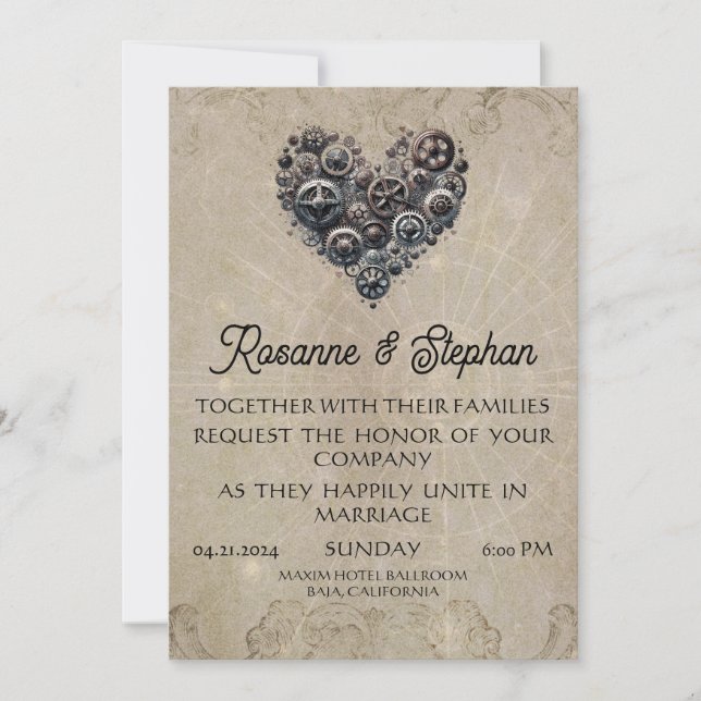 Vintage Steampunk Retro Heart of Gears Wedding Invitation (Front)