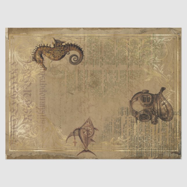 Vintage Steampunk Seahorse and Diving Helmet Craft Tissue Paper (Front)