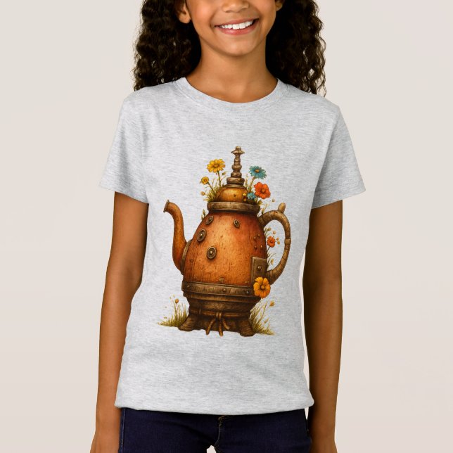 Vintage Steampunk Teapot Floral Art T-Shirt (Front)