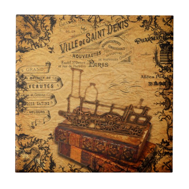Vintage Steampunk Train Wallpaper Ceramic Tile (Front)