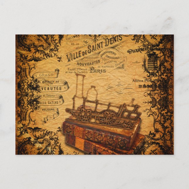 Vintage Steampunk Train Wallpaper Postcard (Front)