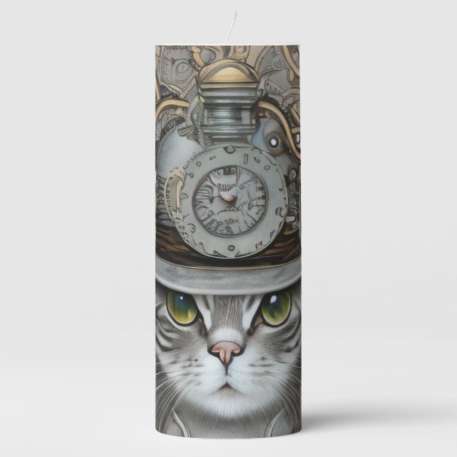 Vintage Steampunk Victorian Cat Pillar Candle (Front)