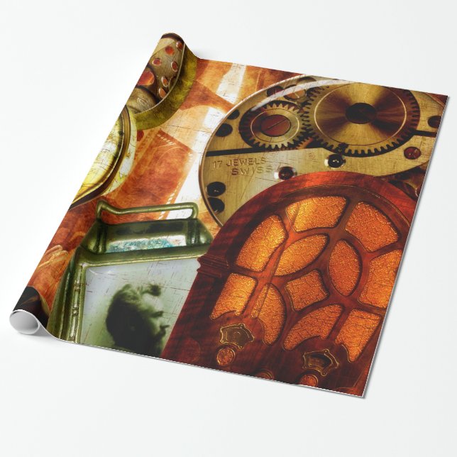 Vintage Steampunk Wallpaper Wrapping Paper (Unrolled)