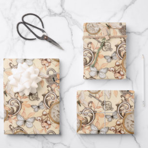 Vintage Steampunk Watch and Butterflies Pastel Wrapping Paper Sheets