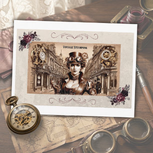 Vintage Steampunk Woman Goggles Clock Postcard