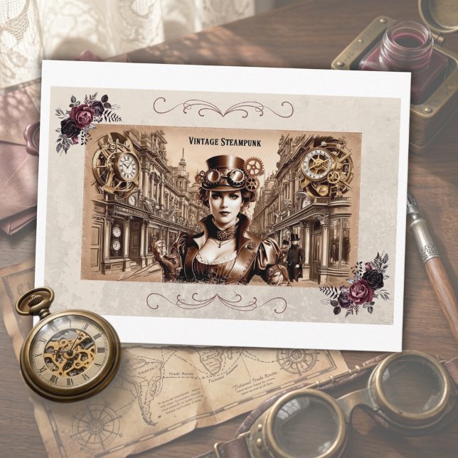 Vintage Steampunk Woman Goggles Clock Postcard (Step back and in time with a romantic vintage steampunk postcard)