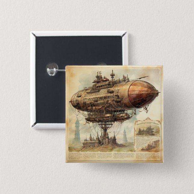 Vintage Steampunk Zeppelin (10) Button (Front & Back)