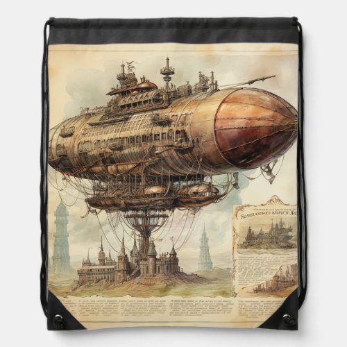 Vintage Steampunk Zeppelin 10 Drawstring Bag