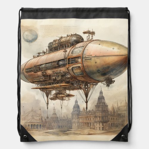 Vintage Steampunk Zeppelin 12 Drawstring Bag