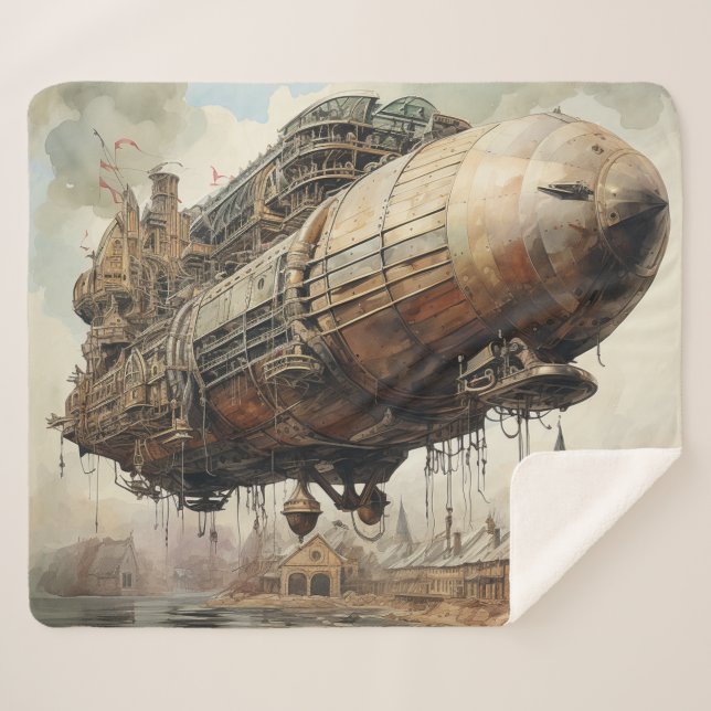 Vintage Steampunk Zeppelin (2) Sherpa Blanket (Front (Horizontal))