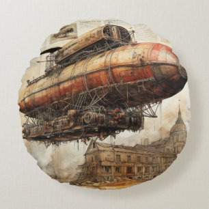 Vintage Steampunk Zeppelin (3) Round Pillow