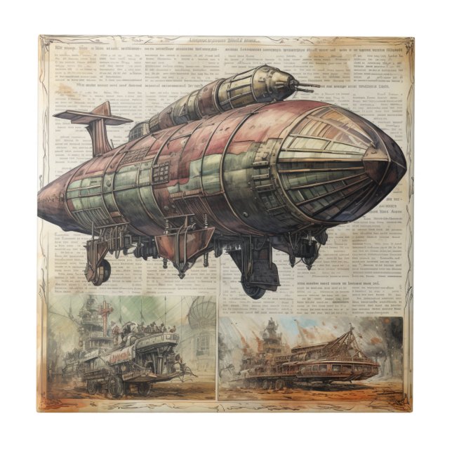 Vintage Steampunk Zeppelin (6) Ceramic Tile (Front)