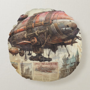 Vintage Steampunk Zeppelin (9) Tissue Paper Round Pillow