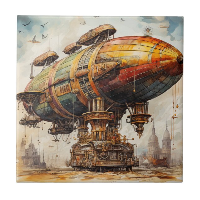 Vintage Steampunk Zeppelin Ceramic Tile (Front)