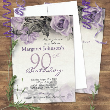 Vintage Sterling Silver Purple Rose 90th Birthday Invitation by wasootch at Zazzle