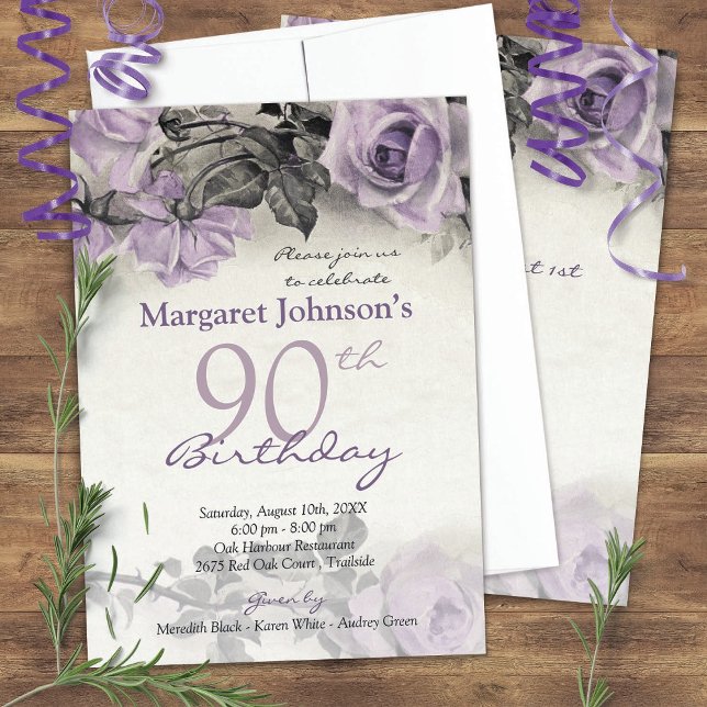 Vintage Sterling Silver Purple Rose 90th Birthday Invitation (Creator Uploaded)