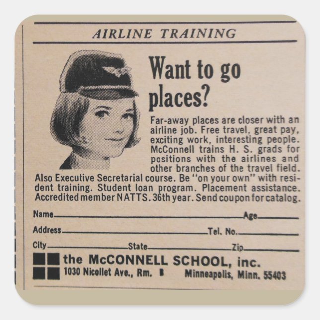 Vintage Stewardess Airline Career Square Sticker (Front)