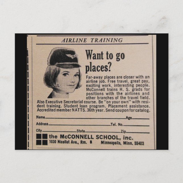 Vintage Stewardess Flight Attendant Postcard (Front)