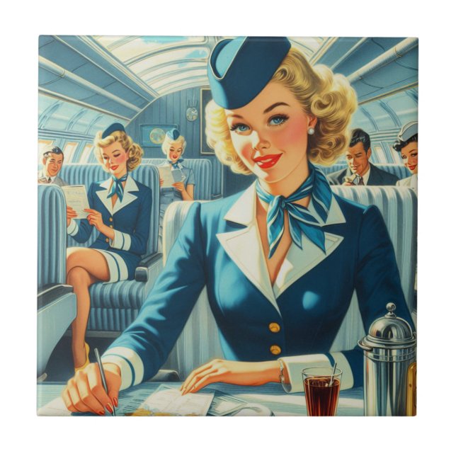 Vintage Stewardess Illustration Ceramic Tile (Front)