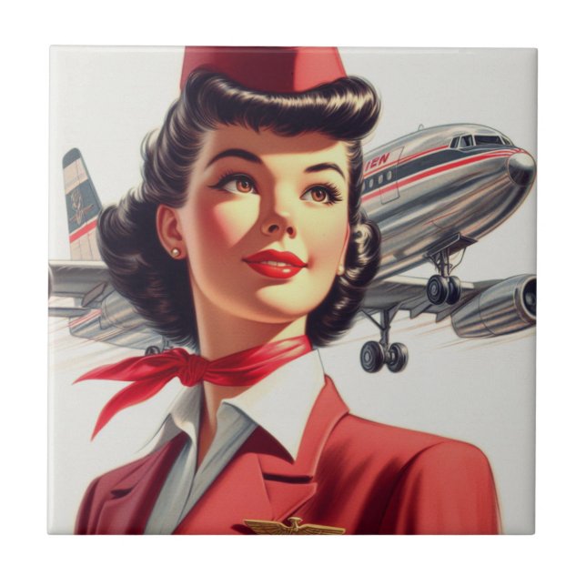Vintage Stewardess Illustration Ceramic Tile (Front)