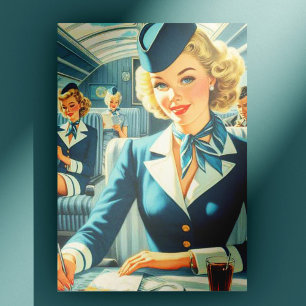 Vintage Stewardess Illustration Postcard